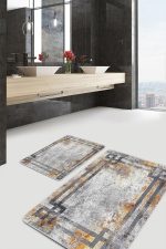 - PaspasTakimi-2li-Set702-Gorsel - Realhomes  2'li Set Gri Zeminde Çerçeveli Motifli Eskitme Desenli Geometrik Eskitme Motifli  2'li Banyo & Mutfak Paspas Takımı Realhomes