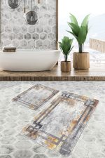 - PaspasTakimi-2li-Set702-Gorsel-4 - Realhomes  2'li Set Gri Zeminde Çerçeveli Motifli Eskitme Desenli Geometrik Eskitme Motifli  2'li Banyo & Mutfak Paspas Takımı Realhomes