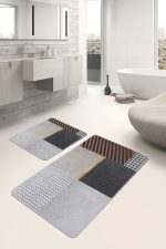 - PaspasTakimi-2li-Set704-Gorsel-1 - Realhomes  2'li Set Gri Zeminde Geometrik Motifli Kazayağı Desenli Geometrik Modern  2'li Banyo & Mutfak Paspas Takımı Realhomes