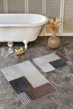 - Realhomes - Realhomes  2'li Set Gri Zeminde Geometrik Motifli Kazayağı Desenli Geometrik Modern  2'li Banyo & Mutfak Paspas Takımı Realhomes