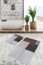 - PaspasTakimi-2li-Set704-Gorsel-2 - Realhomes  2'li Set Gri Zeminde Geometrik Motifli Kazayağı Desenli Geometrik Modern  2'li Banyo & Mutfak Paspas Takımı Realhomes