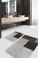 - PaspasTakimi-2li-Set704-Gorsel-5 - Realhomes  2'li Set Gri Zeminde Geometrik Motifli Kazayağı Desenli Geometrik Modern  2'li Banyo & Mutfak Paspas Takımı Realhomes