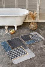 - Realhomes - Realhomes  2'li Set Gri Zeminde Geometrik Motifli Kazayağı Desenli Geometrik Klasik  2'li Banyo & Mutfak Paspas Takımı Realhomes