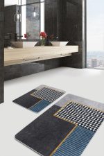 - PaspasTakimi-2li-Set705-Gorsel-5 - Realhomes  2'li Set Gri Zeminde Geometrik Motifli Kazayağı Desenli Geometrik Klasik  2'li Banyo & Mutfak Paspas Takımı Realhomes