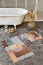 - Realhomes - Realhomes  2'li Set Kahverengi Zeminde Geometrik Motifli Boho Desenli Geometrik Sade & Şık  2'li Banyo & Mutfak Paspas Takımı Realhomes
