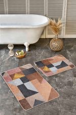 - Realhomes - Realhomes 2'li Set Kahverengi Zeminde Geometrik Motifli Modern Desenli Geometrik Klasik 2'li Banyo & Mutfak Paspas Takımı Realhomes