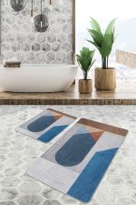 2'li Set Mavi Zeminde Geometrik Motifli Modern Sanat Desenli Geometrik Sade & Şık  2'li Banyo & Mutfak Paspas Takımı Realhomes