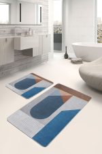 2'li Set Mavi Zeminde Geometrik Motifli Modern Sanat Desenli Geometrik Sade & Şık  2'li Banyo & Mutfak Paspas Takımı Realhomes