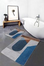 2'li Set Mavi Zeminde Geometrik Motifli Modern Sanat Desenli Geometrik Sade & Şık  2'li Banyo & Mutfak Paspas Takımı Realhomes