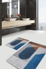 2'li Set Mavi Zeminde Geometrik Motifli Modern Sanat Desenli Geometrik Sade & Şık  2'li Banyo & Mutfak Paspas Takımı Realhomes