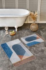 2'li Set Mavi Zeminde Geometrik Motifli Modern Sanat Desenli Geometrik Sade & Şık  2'li Banyo & Mutfak Paspas Takımı Realhomes