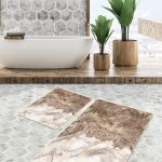 2'li Set Gold - Yeşil Zeminde Mermer Motifli Altın Desenli Modern Sade & Şık  2'li Banyo & Mutfak Paspas Takımı Realhomes