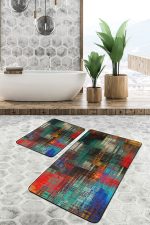 - PaspasTakimi-2li-Set710-Gorsel - Realhomes 2'li Set Çok Renkli Zeminde Yağlı Boya Motifli Modern Sanat Desenli Modern Klasik 2'li Banyo & Mutfak Paspas Takımı Realhomes