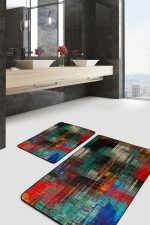 - PaspasTakimi-2li-Set710-Gorsel-2 - Realhomes 2'li Set Çok Renkli Zeminde Yağlı Boya Motifli Modern Sanat Desenli Modern Klasik 2'li Banyo & Mutfak Paspas Takımı Realhomes