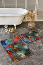 - Realhomes - Realhomes 2'li Set Çok Renkli Zeminde Yağlı Boya Motifli Modern Sanat Desenli Modern Klasik 2'li Banyo & Mutfak Paspas Takımı Realhomes