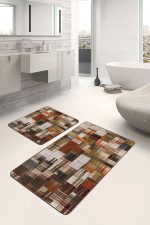 2'li Set Kahverengi Zeminde Yağlı Boya Motifli Modern Sanat Desenli Klasik Modern  2'li Banyo & Mutfak Paspas Takımı Realhomes