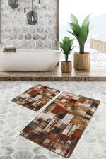 2'li Set Kahverengi Zeminde Yağlı Boya Motifli Modern Sanat Desenli Klasik Modern  2'li Banyo & Mutfak Paspas Takımı Realhomes