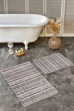 - Realhomes - Realhomes 2'li Set Krem Zeminde Çizgili Motifli Örme Desenli Eskitme Motifli Vintage 2'li Banyo & Mutfak Paspas Takımı Realhomes