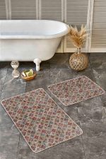 - Realhomes - Realhomes  2'li Set Kahverengi Zeminde Morrocan Motifli Etnik Desenli Geometrik Etnik Motifler  2'li Banyo & Mutfak Paspas Takımı Realhomes