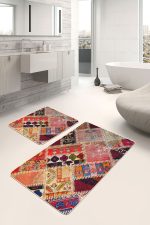 - PaspasTakimi-2li-Set718-Gorsel-1 - Realhomes  2'li Set Kırmızı Zeminde Patchwork Motifli Kırkyama Desenli Vintage Etnik Motifler  2'li Banyo & Mutfak Paspas Takımı Realhomes