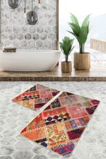 - PaspasTakimi-2li-Set718-Gorsel-2 - Realhomes  2'li Set Kırmızı Zeminde Patchwork Motifli Kırkyama Desenli Vintage Etnik Motifler  2'li Banyo & Mutfak Paspas Takımı Realhomes