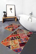 - PaspasTakimi-2li-Set718-Gorsel-4 - Realhomes  2'li Set Kırmızı Zeminde Patchwork Motifli Kırkyama Desenli Vintage Etnik Motifler  2'li Banyo & Mutfak Paspas Takımı Realhomes