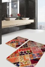 - PaspasTakimi-2li-Set718-Gorsel-5 - Realhomes  2'li Set Kırmızı Zeminde Patchwork Motifli Kırkyama Desenli Vintage Etnik Motifler  2'li Banyo & Mutfak Paspas Takımı Realhomes