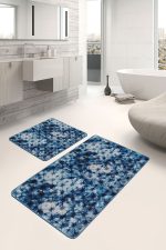 - PaspasTakimi-2li-Set719-Gorsel-1 - Realhomes  2'li Set Lacivert Zeminde Geometrik Motifli Mürekkep Desenli Modern Eskitme Motifli  2'li Banyo & Mutfak Paspas Takımı Realhomes