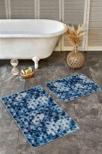 - Realhomes - Realhomes  2'li Set Lacivert Zeminde Geometrik Motifli Mürekkep Desenli Modern Eskitme Motifli  2'li Banyo & Mutfak Paspas Takımı Realhomes