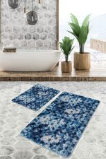 - PaspasTakimi-2li-Set719-Gorsel-2 - Realhomes  2'li Set Lacivert Zeminde Geometrik Motifli Mürekkep Desenli Modern Eskitme Motifli  2'li Banyo & Mutfak Paspas Takımı Realhomes