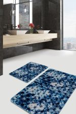 - PaspasTakimi-2li-Set719-Gorsel-5 - Realhomes  2'li Set Lacivert Zeminde Geometrik Motifli Mürekkep Desenli Modern Eskitme Motifli  2'li Banyo & Mutfak Paspas Takımı Realhomes