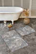 2'li Set Siyah - Beyaz Zeminde Geometrik Motifli Eskitme Desenli Eskitme Motifli Klasik  2'li Banyo & Mutfak Paspas Takımı Realhomes