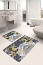 2'li Set Gold - Mavi Zeminde Pul Motifli Geometrik Desenli Geometrik Klasik  2'li Banyo & Mutfak Paspas Takımı Realhomes