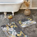 2'li Set Mavi - Yavruağzı Zeminde Dokuma Motifli Kilim Desenli Eskitme Motifli Vintage  2'li Banyo & Mutfak Paspas Takımı Realhomes