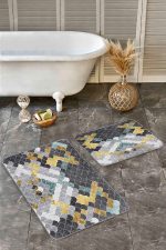 2'li Set Gold - Mavi Zeminde Pul Motifli Geometrik Desenli Geometrik Klasik  2'li Banyo & Mutfak Paspas Takımı Realhomes