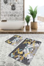 2'li Set Gold - Mavi Zeminde Pul Motifli Geometrik Desenli Geometrik Klasik  2'li Banyo & Mutfak Paspas Takımı Realhomes