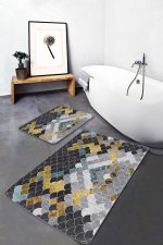 2'li Set Gold - Mavi Zeminde Pul Motifli Geometrik Desenli Geometrik Klasik  2'li Banyo & Mutfak Paspas Takımı Realhomes