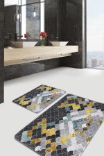 2'li Set Gold - Mavi Zeminde Pul Motifli Geometrik Desenli Geometrik Klasik  2'li Banyo & Mutfak Paspas Takımı Realhomes