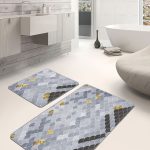 2'li Set Gri Zeminde Siyah Geometrik Motifli Klasik Desenli Sade & Şık Geometrik  2'li Banyo & Mutfak Paspas Takımı Realhomes