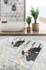 2'li Set Gold- Siyah Zeminde Mozaik Motifli Geometrik Desenli Geometrik Klasik  2'li Banyo & Mutfak Paspas Takımı Realhomes