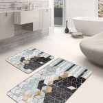 2'li Set Gold - Ekru Zeminde Altın Motifli Suluboya Desenli Bohem Klasik  2'li Banyo & Mutfak Paspas Takımı Realhomes