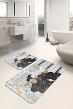 2'li Set Gold- Siyah Zeminde Mozaik Motifli Geometrik Desenli Geometrik Klasik  2'li Banyo & Mutfak Paspas Takımı Realhomes