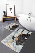 2'li Set Gold- Siyah Zeminde Mozaik Motifli Geometrik Desenli Geometrik Klasik  2'li Banyo & Mutfak Paspas Takımı Realhomes