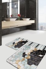 2'li Set Gold- Siyah Zeminde Mozaik Motifli Geometrik Desenli Geometrik Klasik  2'li Banyo & Mutfak Paspas Takımı Realhomes