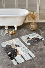 2'li Set Gold- Siyah Zeminde Mozaik Motifli Geometrik Desenli Geometrik Klasik  2'li Banyo & Mutfak Paspas Takımı Realhomes