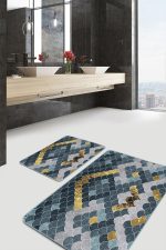 - PaspasTakimi-2li-Set724-Gorsel-1 - Realhomes 2'li Set Gold - Mavi Zeminde Pul Motifli Geometrik Desenli Geometrik Avangarde 2'li Banyo & Mutfak Paspas Takımı Realhomes