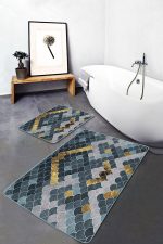 - PaspasTakimi-2li-Set724-Gorsel - Realhomes 2'li Set Gold - Mavi Zeminde Pul Motifli Geometrik Desenli Geometrik Avangarde 2'li Banyo & Mutfak Paspas Takımı Realhomes