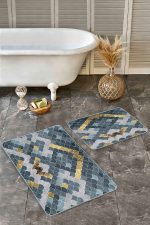 - Realhomes - Realhomes 2'li Set Gold - Mavi Zeminde Pul Motifli Geometrik Desenli Geometrik Avangarde 2'li Banyo & Mutfak Paspas Takımı Realhomes