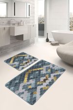 - PaspasTakimi-2li-Set724-Gorsel-4 - Realhomes 2'li Set Gold - Mavi Zeminde Pul Motifli Geometrik Desenli Geometrik Avangarde 2'li Banyo & Mutfak Paspas Takımı Realhomes