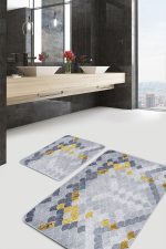 - PaspasTakimi-2li-Set725-Gorsel-2 - Realhomes  2'li Set Gold - Gri Zeminde Pul Motifli Geometrik Desenli Geometrik Klasik  2'li Banyo & Mutfak Paspas Takımı Realhomes
